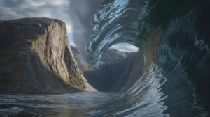 Illustration of a massive mega-tsunami in Greenland's Dickson Fjord, sending seismic waves worldwide (AI-generated, non-realistic illustration). Credit: Ideogram.
