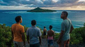Illustration of Tuvaluans contemplating migration to Australia due to rising sea levels (AI-generated, non-realistic illustration). Credit: Ideogram.