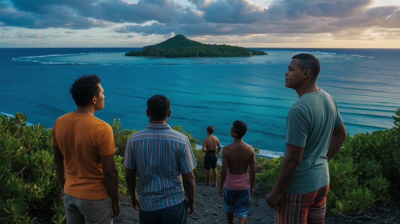 Illustration of Tuvaluans contemplating migration to Australia due to rising sea levels (AI-generated, non-realistic illustration). Credit: Ideogram.