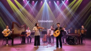 Illustration of a vibrant cultural exchange event at Shanghai University's Baoshan Campus, featuring diverse musical performances (AI-generated, non-realistic illustration). Credit: Ideogram.