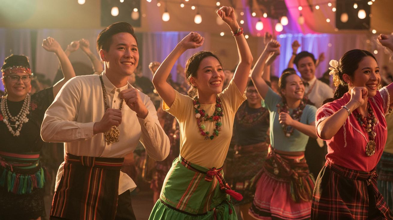 Illustration of the Phil-Am TC 40th Anniversary Memorial Ball celebration featuring traditional Filipino dances and community interactions (AI-generated, non-realistic illustration). Credit: Ideogram.