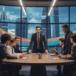 Illustration of Desmond Ng leading a strategic meeting at UBS headquarters in Asia Pacific (AI-generated, non-realistic illustration). Credit: Ideogram.