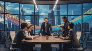 Illustration of Desmond Ng leading a strategic meeting at UBS headquarters in Asia Pacific (AI-generated, non-realistic illustration). Credit: Ideogram.