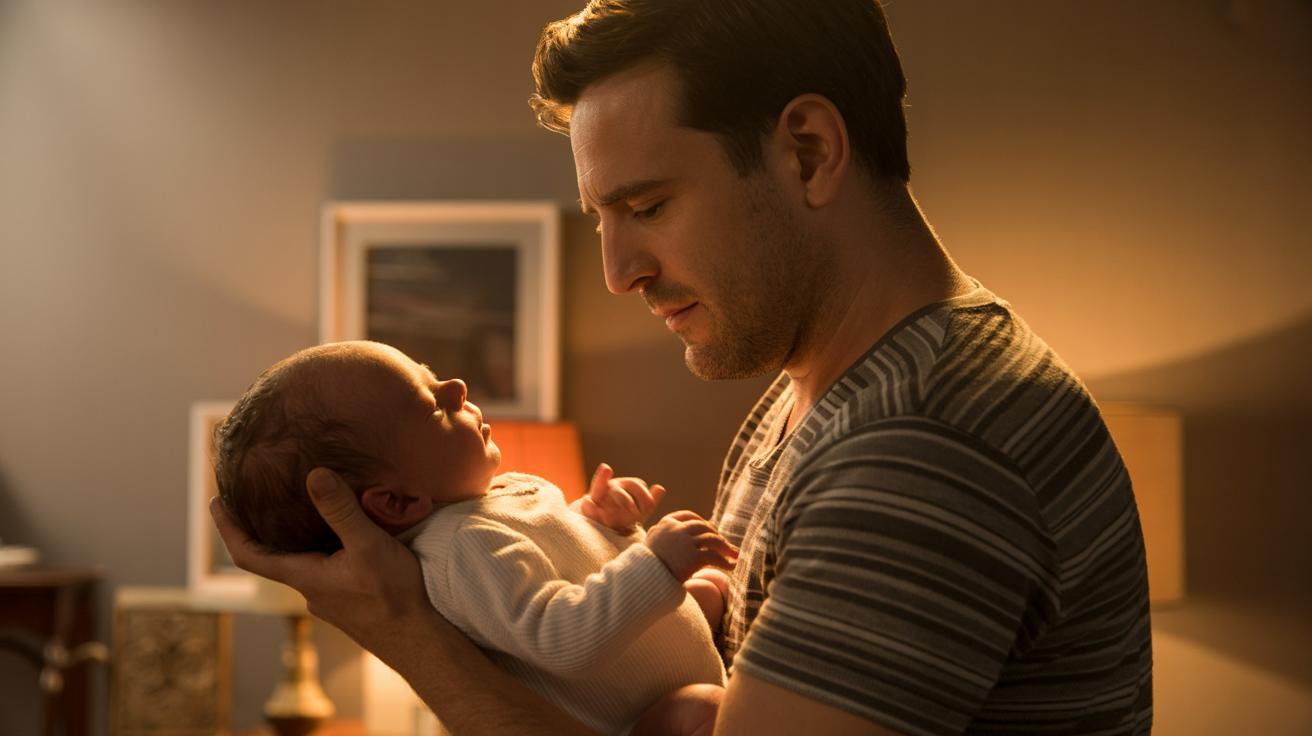 Illustration of new fathers navigating mental health challenges and family dynamics (AI-generated, non-realistic illustration). Credit: Ideogram.