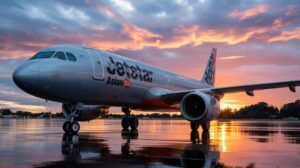 Illustration of Jetstar Asia's aircraft fleet against a backdrop symbolizing budget airline challenges (AI-generated, non-realistic illustration). Credit: Ideogram.