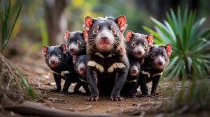 Illustration of Tasmanian devil joeys emerging from their mothers' pouches in a mainland breeding program (AI-generated, non-realistic illustration). Credit: Ideogram.
