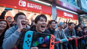 Illustration of the Nintendo Switch 2 launch frenzy with eager gamers lining up outside a retail store (AI-generated, non-realistic illustration). Credit: Ideogram.