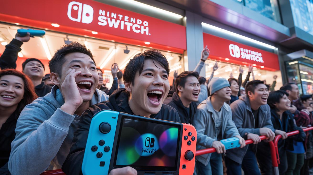 Illustration of the Nintendo Switch 2 launch frenzy with eager gamers lining up outside a retail store (AI-generated, non-realistic illustration). Credit: Ideogram.