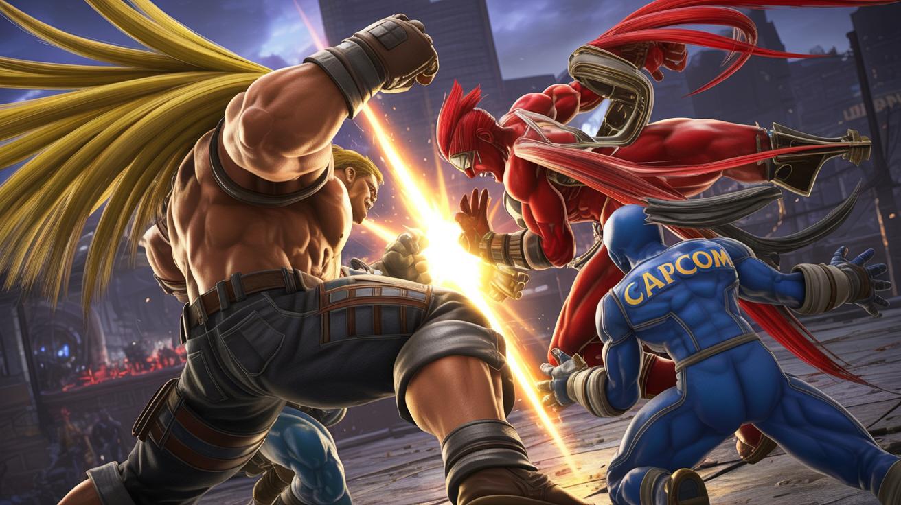 Illustration of the Marvel vs. Capcom Fighting Collection update featuring iconic characters in dynamic battle poses (AI-generated, non-realistic illustration). Credit: Ideogram.
