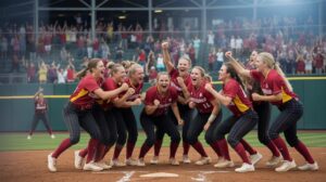 Illustration of the Texas Longhorns celebrating their historic women's softball national championship victory (AI-generated, non-realistic illustration). Credit: Ideogram.