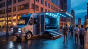 Illustration of a mobile cinema truck transforming into a 100-seater theater in Bradford's neighborhoods (AI-generated, non-realistic illustration). Credit: Ideogram.