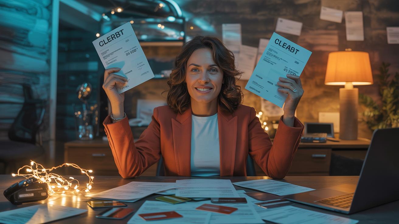 Illustration of a woman overcoming credit card debt and achieving financial freedom (AI-generated, non-realistic illustration). Credit: Ideogram.