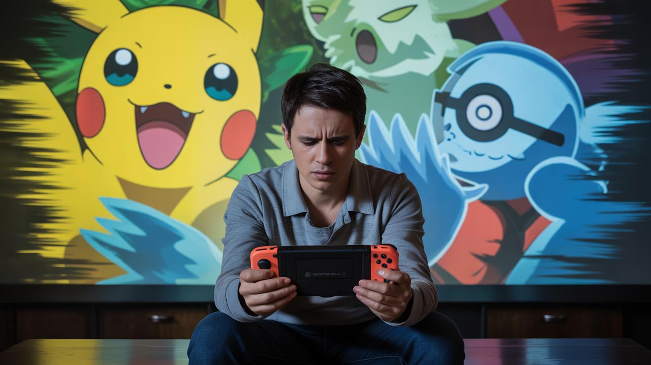 Illustration of a Pokémon fan experiencing the loss of 20 years' worth of game data during a Nintendo Switch 2 transfer (AI-generated, non-realistic illustration). Credit: Ideogram.