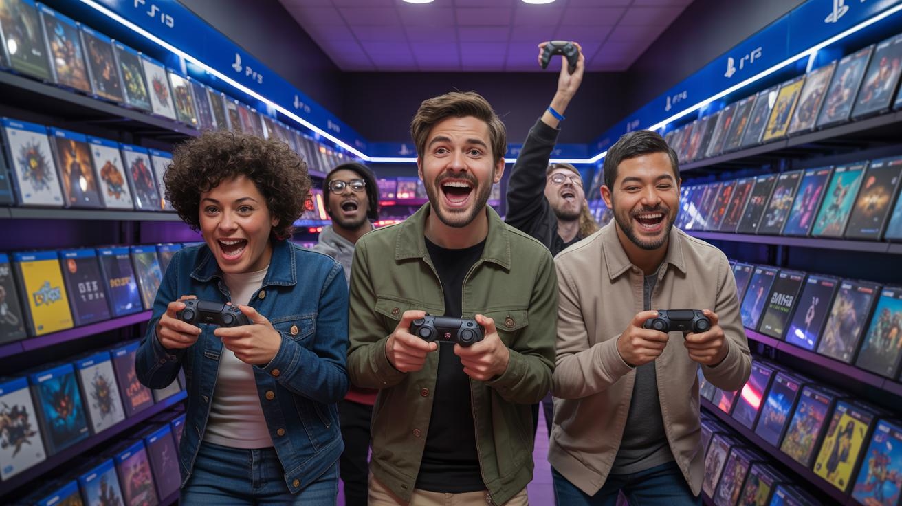 Illustration of a gamer browsing discounted PS5 and PS4 games on the PlayStation Store (AI-generated, non-realistic illustration). Credit: Ideogram.