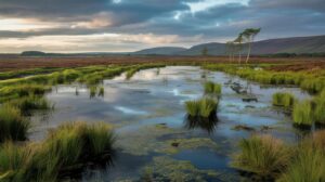 Illustration of Ireland's ambitious peatland restoration project, highlighting the transformation of bogs into thriving ecosystems (AI-generated, non-realistic illustration). Credit: Ideogram.