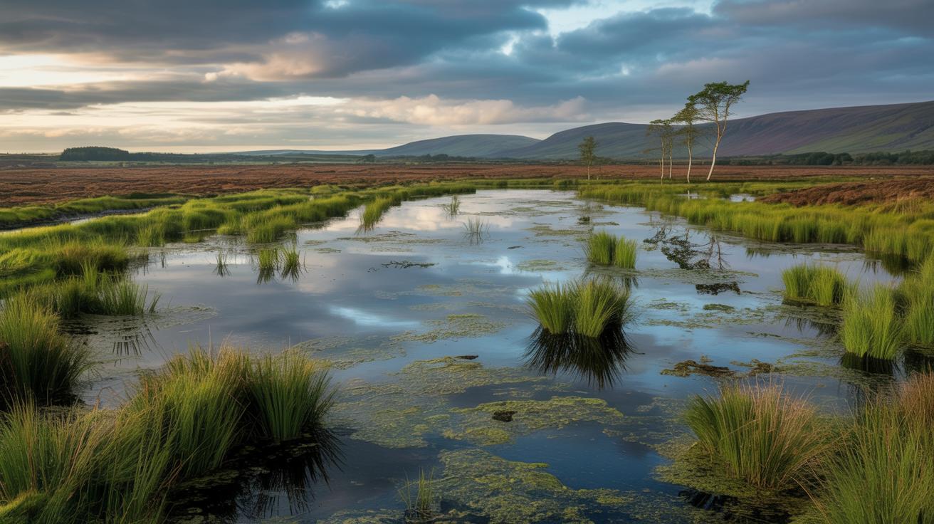 Illustration of Ireland's ambitious peatland restoration project, highlighting the transformation of bogs into thriving ecosystems (AI-generated, non-realistic illustration). Credit: Ideogram.