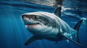Illustration of a great white shark with a perfectly circular scar on its head, revealing its underwater interactions (AI-generated, non-realistic illustration). Credit: Ideogram.