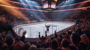 Illustration of Leon Draisaitl scoring a record-breaking overtime goal in the Stanley Cup Final (AI-generated, non-realistic illustration). Credit: Ideogram.