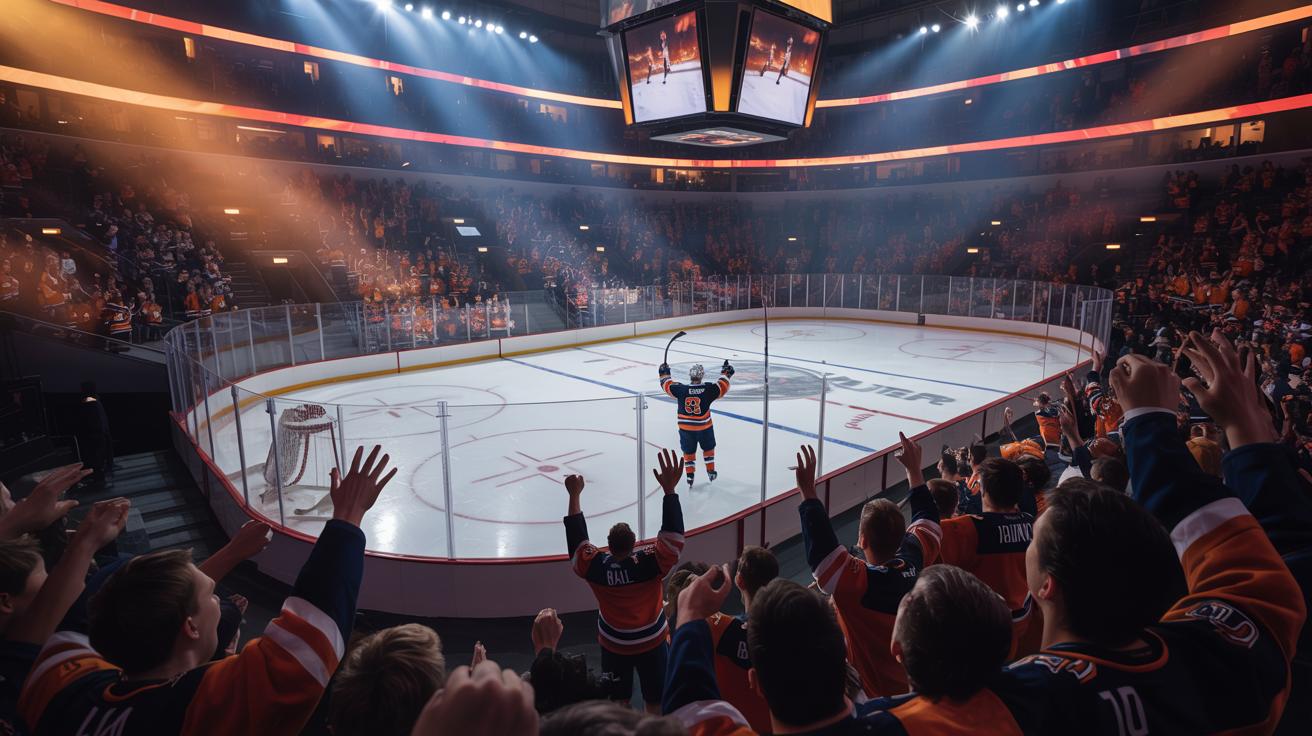 Illustration of Leon Draisaitl scoring a record-breaking overtime goal in the Stanley Cup Final (AI-generated, non-realistic illustration). Credit: Ideogram.