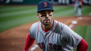Illustration of Jorge Alcala donning a Boston Red Sox jersey following his acquisition from the Minnesota Twins (AI-generated, non-realistic illustration). Credit: Ideogram.