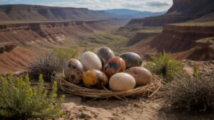 Illustration of diverse dinosaur eggs discovered in Utah's Cedar Mountain Formation, showcasing prehistoric ecosystems (AI-generated, non-realistic illustration). Credit: Ideogram.