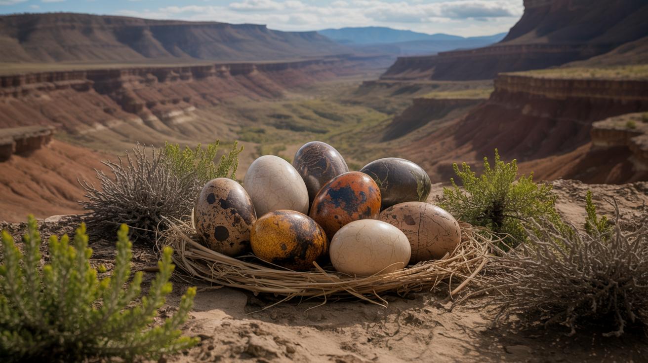 Illustration of diverse dinosaur eggs discovered in Utah's Cedar Mountain Formation, showcasing prehistoric ecosystems (AI-generated, non-realistic illustration). Credit: Ideogram.