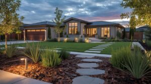 Illustration of a Taylorsville home showcasing waterwise landscaping techniques (AI-generated, non-realistic illustration). Credit: Ideogram.