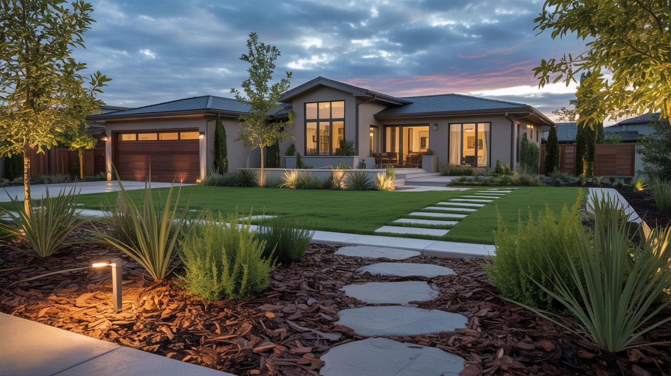 Illustration of a Taylorsville home showcasing waterwise landscaping techniques (AI-generated, non-realistic illustration). Credit: Ideogram.