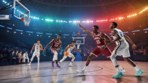 Illustration of NCAA men's college basketball players and coaches strategizing on the court for upcoming rule changes (AI-generated, non-realistic illustration). Credit: Ideogram.