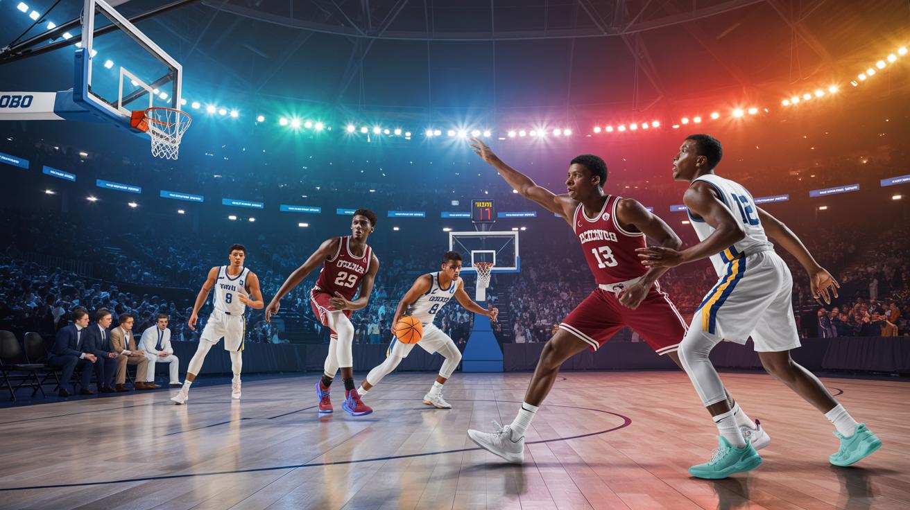 Illustration of NCAA men's college basketball players and coaches strategizing on the court for upcoming rule changes (AI-generated, non-realistic illustration). Credit: Ideogram.