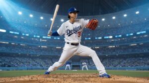 Illustration of Shohei Ohtani pitching and hitting for the Los Angeles Dodgers during his debut (AI-generated, non-realistic illustration). Credit: Ideogram.