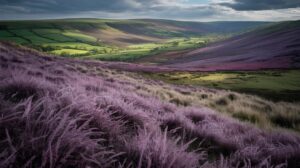 Illustration of Britain's landscapes overtaken by purple moor-grass and transforming into barren deserts (AI-generated, non-realistic illustration). Credit: Ideogram.