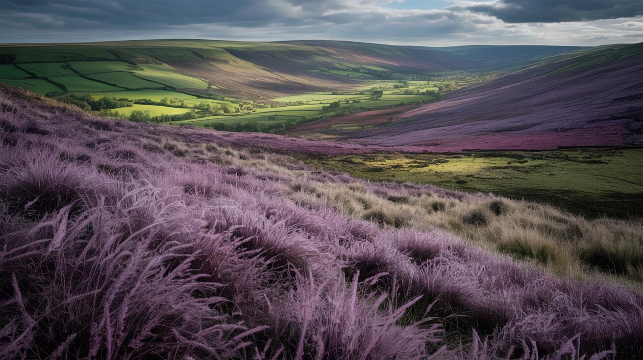 Illustration of Britain's landscapes overtaken by purple moor-grass and transforming into barren deserts (AI-generated, non-realistic illustration). Credit: Ideogram.