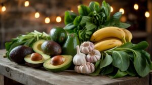 Illustration of foods that naturally lower blood pressure, including avocados, bananas, leafy greens, and garlic (AI-generated, non-realistic illustration). Credit: Ideogram.