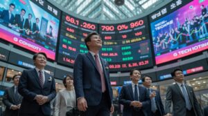 Illustration of the dynamic surge in South Korean markets following the presidential election and tech rally (AI-generated, non-realistic illustration). Credit: Ideogram.