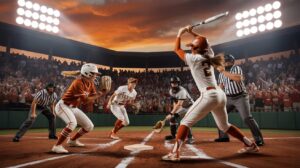 Illustration of the Texas Longhorns and Texas Tech Red Raiders in a dramatic softball showdown (AI-generated, non-realistic illustration). Credit: Ideogram.