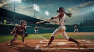 Illustration of Reese Atwood's game-winning swing against Texas Tech in the Women's College World Series (AI-generated, non-realistic illustration). Credit: Ideogram.