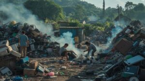 Illustration of Thailand's e-waste crisis with unlicensed recycling facilities and environmental impact (AI-generated, non-realistic illustration). Credit: Ideogram.