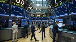 Illustration of European stock markets experiencing volatility due to U.S. tariffs and trade tensions (AI-generated, non-realistic illustration). Credit: Ideogram.