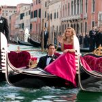 Illustration of Jeff Bezos and Lauren Sanchez's lavish wedding celebration in Venice amidst protests (AI-generated, non-realistic illustration). Credit: Ideogram.