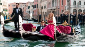 Illustration of Jeff Bezos and Lauren Sanchez's lavish wedding celebration in Venice amidst protests (AI-generated, non-realistic illustration). Credit: Ideogram.