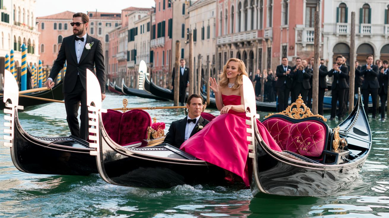 Illustration of Jeff Bezos and Lauren Sanchez's lavish wedding celebration in Venice amidst protests (AI-generated, non-realistic illustration). Credit: Ideogram.