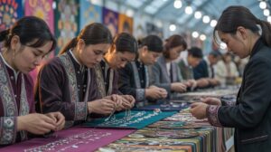 Illustration of Kyrgyz artisans showcasing their crafts at the Cheongju Craft Biennale (AI-generated, non-realistic illustration). Credit: Ideogram.