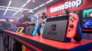 Illustration of GameStop's trade-in offer for upgrading from Nintendo Switch to Switch 2 (AI-generated, non-realistic illustration). Credit: Ideogram.