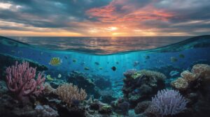 Illustration of a vast marine heatwave affecting ocean ecosystems and climate dynamics (AI-generated, non-realistic illustration). Credit: Ideogram.