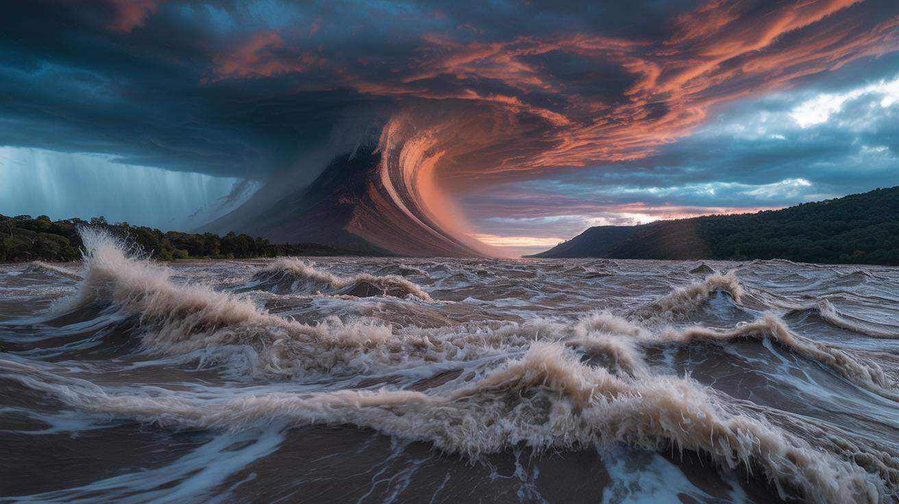 Illustration of the dramatic surge in global weather event intensity linked to climate change (AI-generated, non-realistic illustration). Credit: Ideogram.