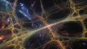 Illustration of the cosmic web with a filament connecting two galaxies (AI-generated, non-realistic illustration). Credit: Ideogram.