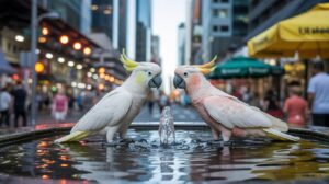 Illustration of sulphur-crested cockatoos manipulating a water fountain in Sydney (AI-generated, non-realistic illustration). Credit: Ideogram.