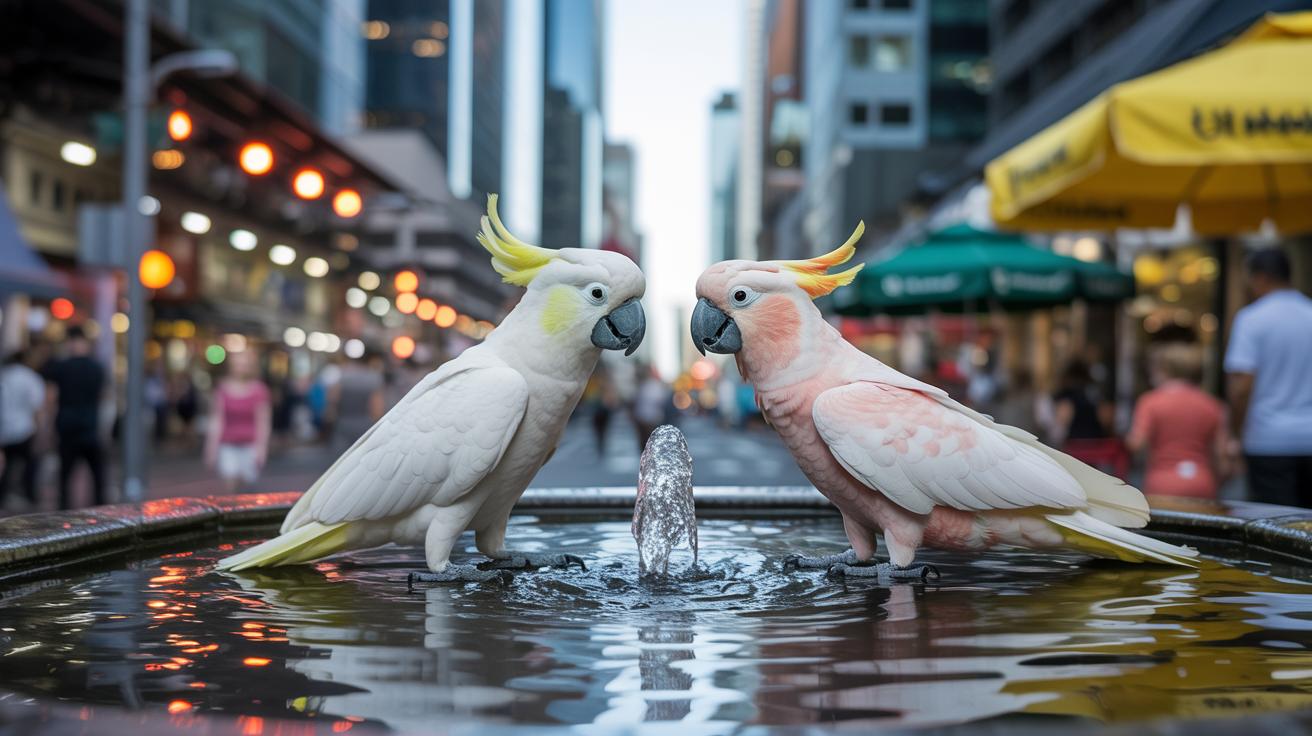 Illustration of sulphur-crested cockatoos manipulating a water fountain in Sydney (AI-generated, non-realistic illustration). Credit: Ideogram.