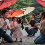 Illustration of families painting traditional Japanese umbrellas at the Texas State Museum of Asian Cultures (AI-generated, non-realistic illustration). Credit: Ideogram.